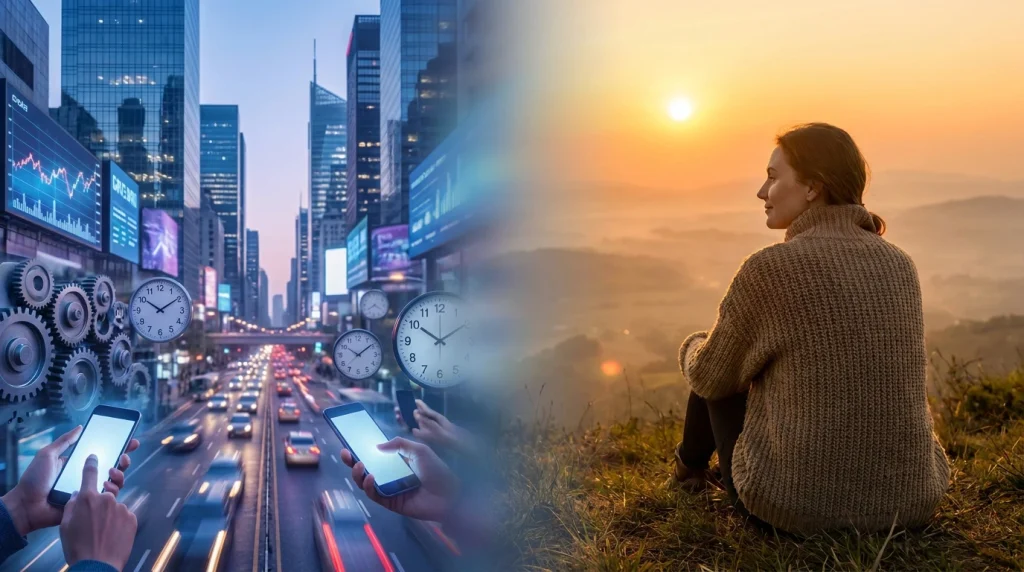 Mulher em autoconhecimento contemplando o nascer do sol em contraste com o mundo tecnológico e acelerado do século XXI