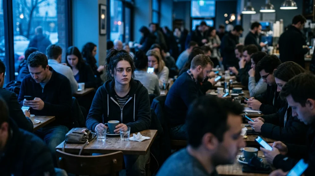 Mulher sozinha em café lotado enquanto todos ao redor olham para o celular — solidão e desconexão no mundo hiperconectado do século XXI